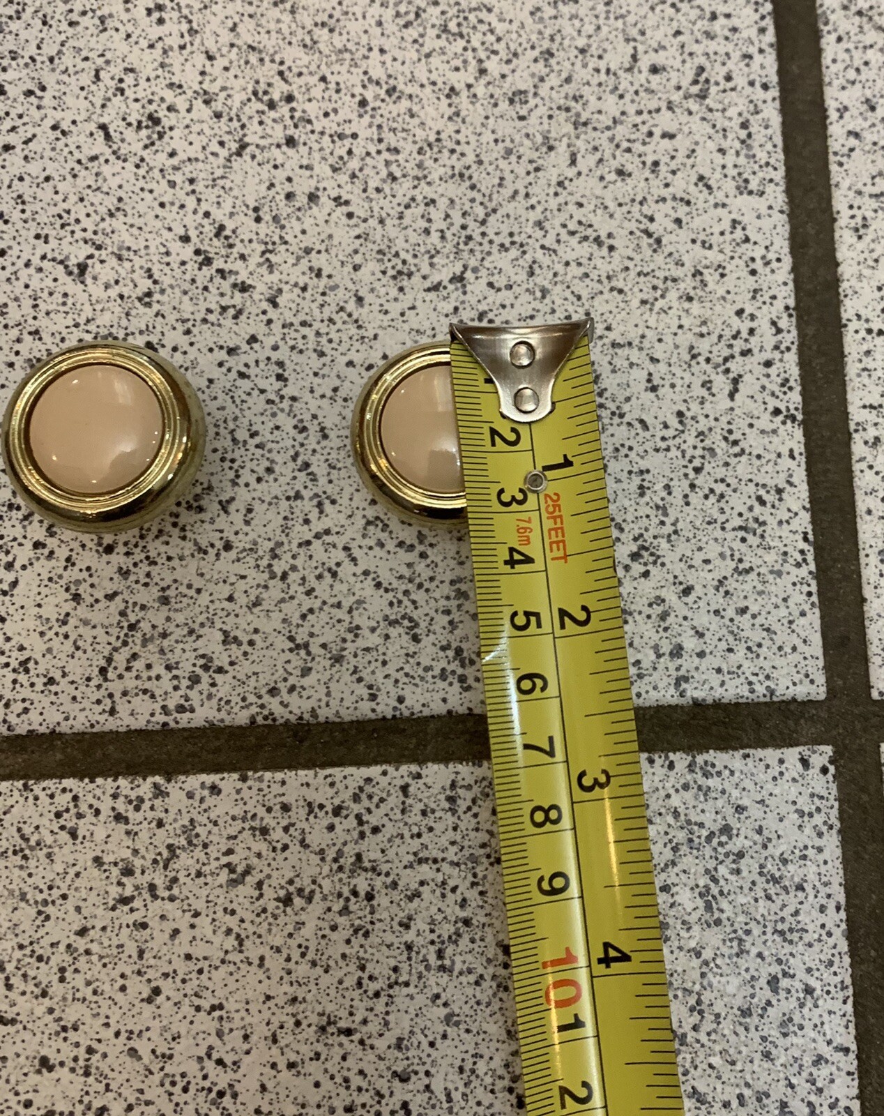 2 Knobs Beige Ceramic Brass Round Pulls Cabinet Drawer Heavy Mid Century Vintage