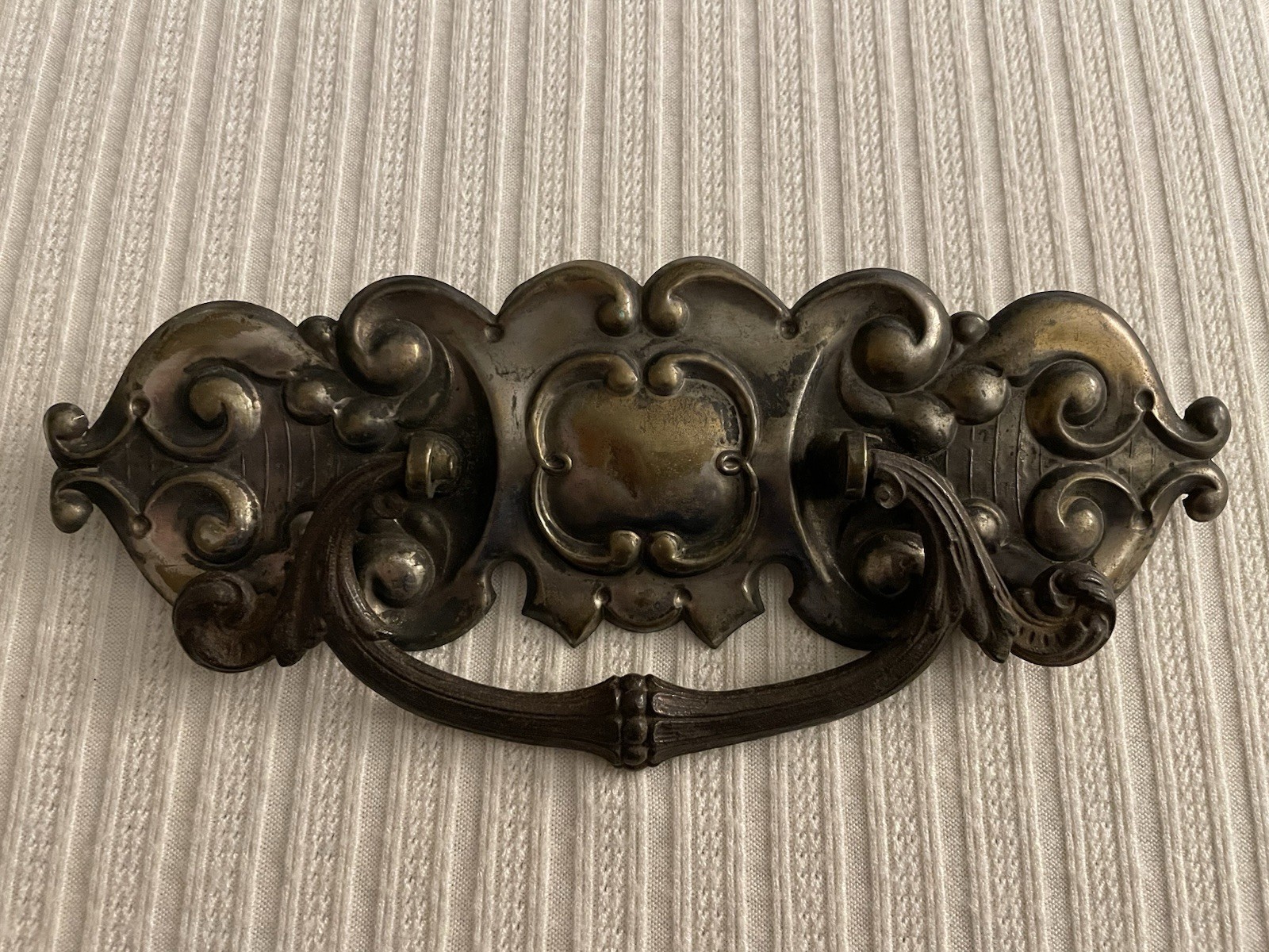 Ornate Victorian style door pull, pot metal, patina, rusted, bail pull