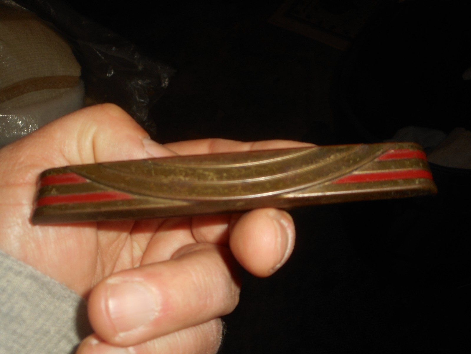 Antique ART DECO Dresser Drawer Pulls Pressed Metal WATERFALL ARCHES Red Paint 4