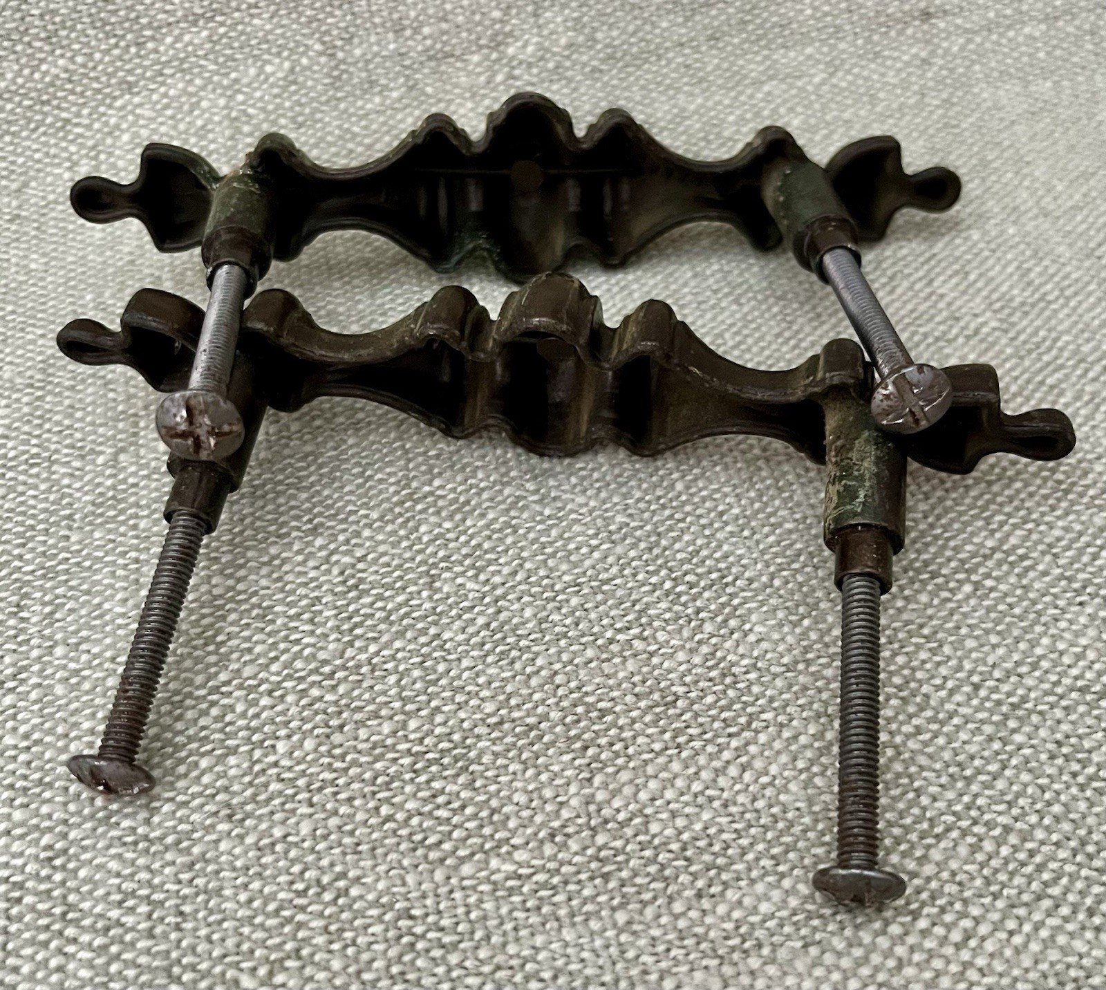 Aged 2 Brass Spindle Elongated Drawer Pulls 3” Center Colonial Traditional 1790