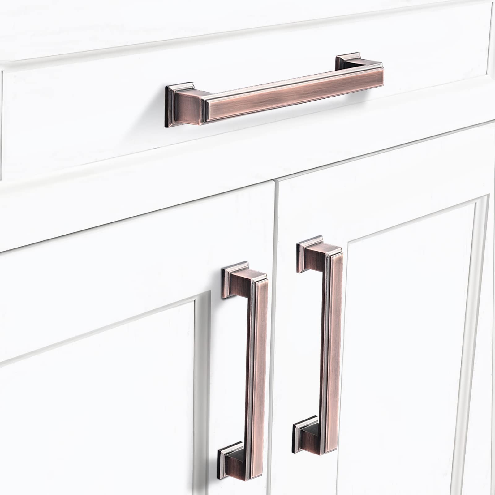 Brushed Antique Copper Cabinet Pulls & Knobs – 10 Pack, 3.75″ Square Zinc Alloy