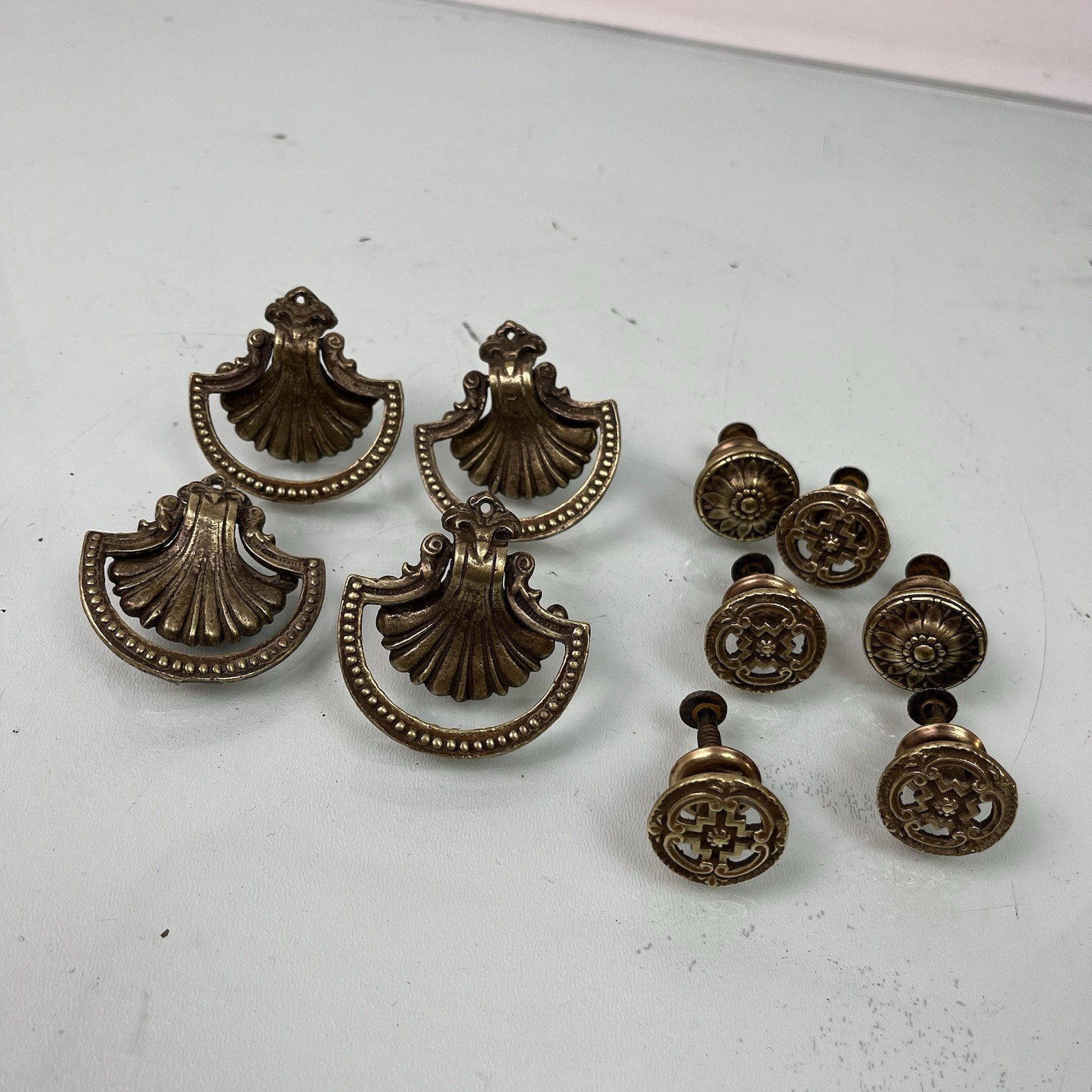 Vintage Victorian Art Nouveau Aged Brass Drawer Drop Pull Shell w/ Knobs LOT