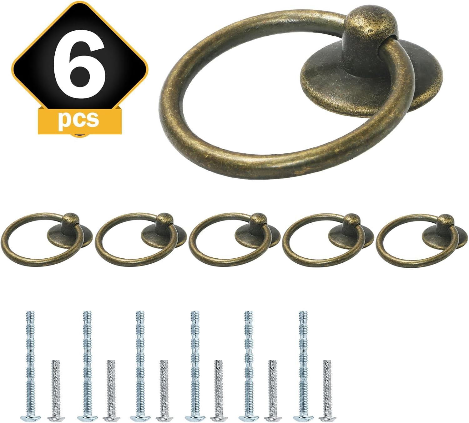 6pcs Antique Brass Drop Ring Drawer Pulls, Vintage Cabinet Ring Handles, Metal D