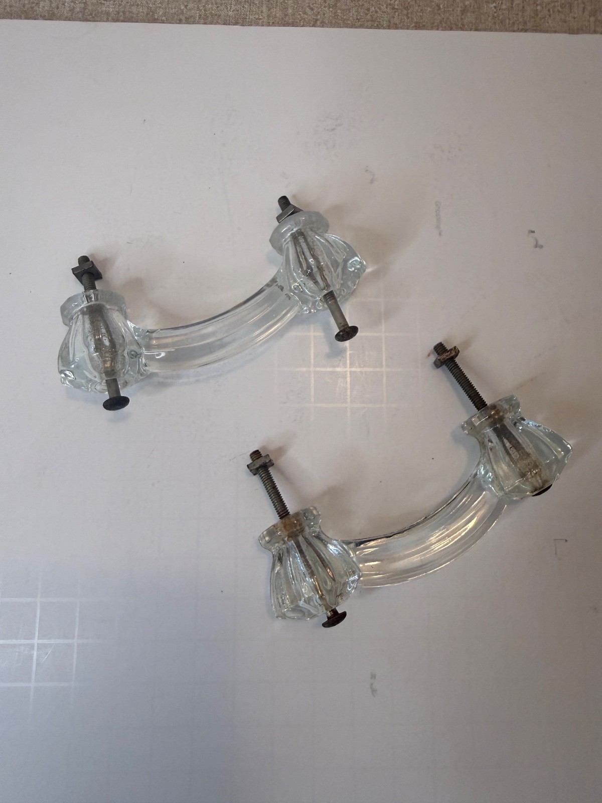 Antique /Vintage Pair Of Clear Glass Hexagon 4″ Drawer Pulls