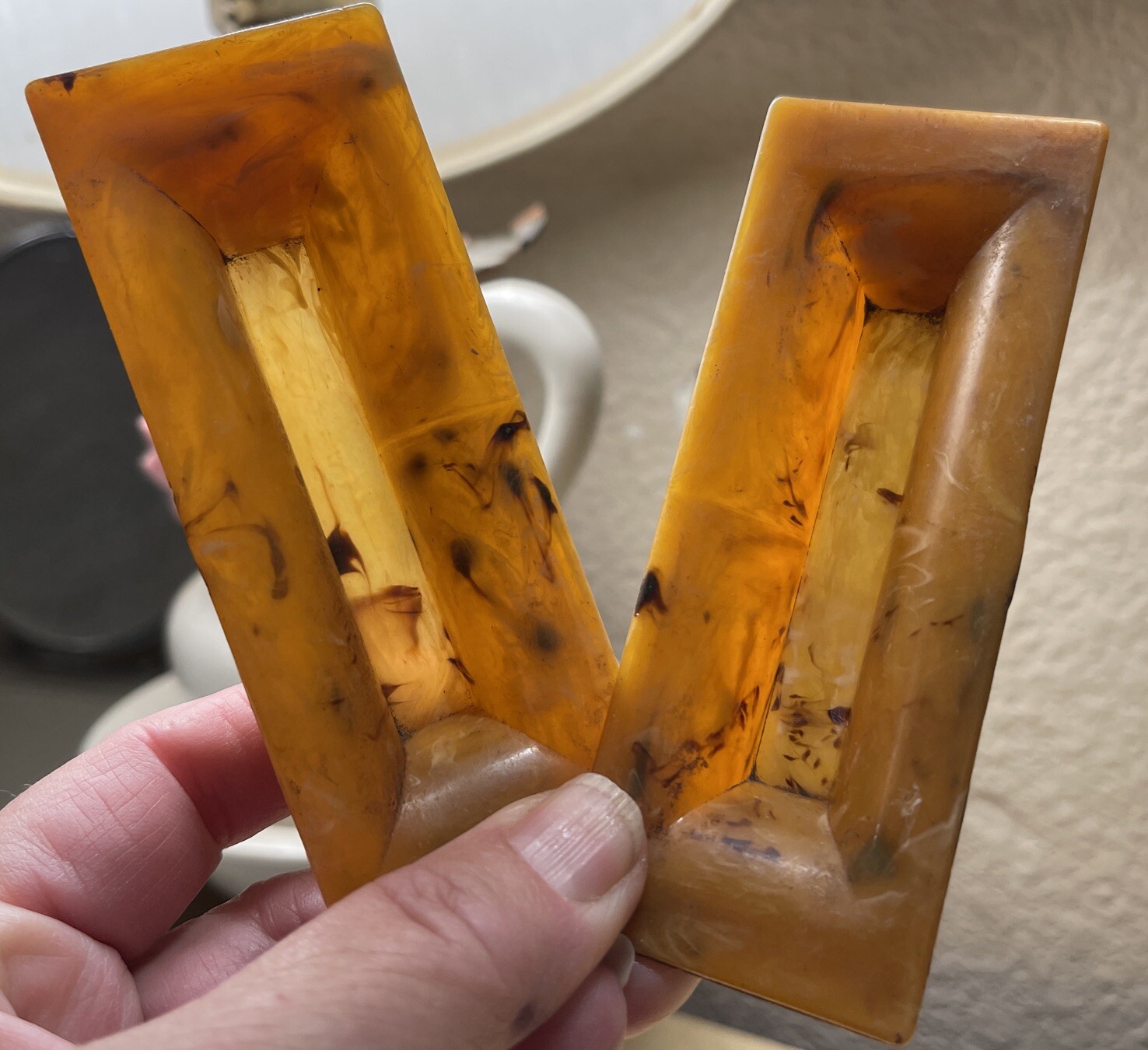 Vintage Celluloid Amber Marbled Drawer Handles Brown White Streaked Rectangular