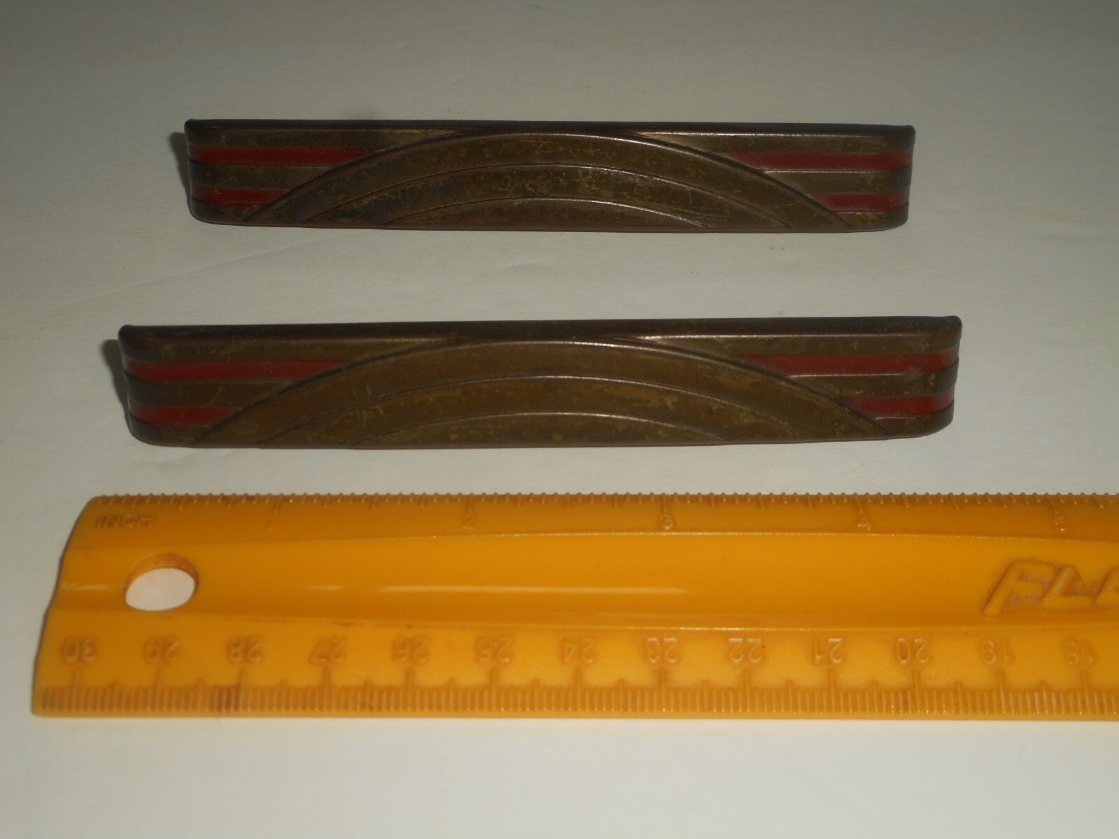 Antique ART DECO Dresser Drawer Pulls Pressed Metal WATERFALL ARCHES Red Paint 4