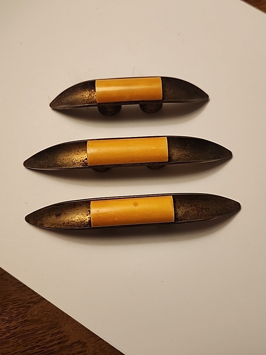 3 Vtg Art Deco Brass Cabinet Drawer Pulls Bakelite Centers Rare Retro Salvage