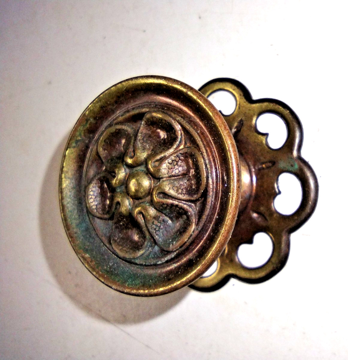 Victorian Crimped Hollow 2 Part Dark Aged Brass Cabinet Door Pull Knob + Rosette