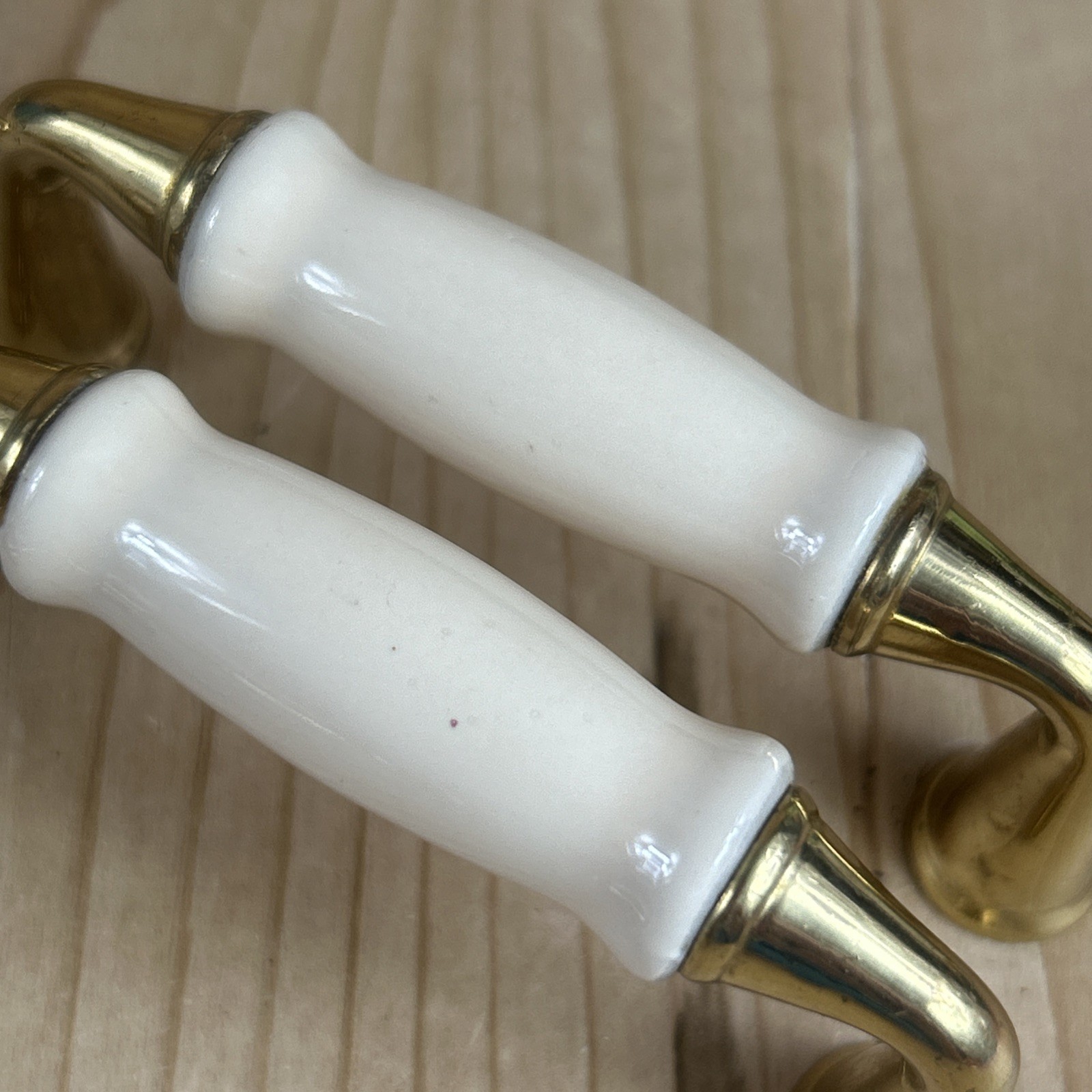Vintage Drawer Pulls Cabinet Handles Set of 12 Beige Ceramic Center 3.5” Brass