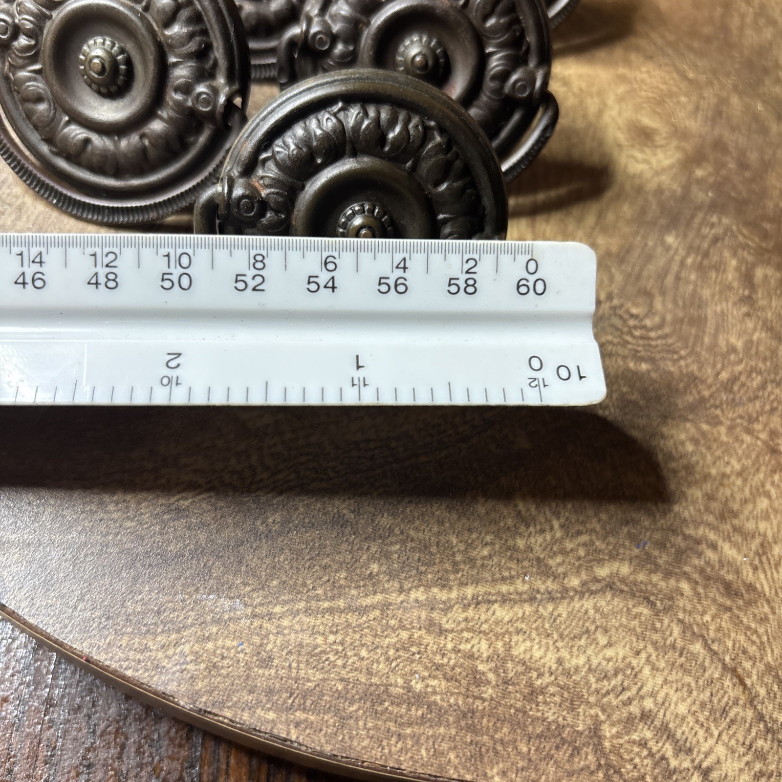 Antique Late Victorian Stamped Brass Ring Pulls Set of 6, Single Hole C. 1880