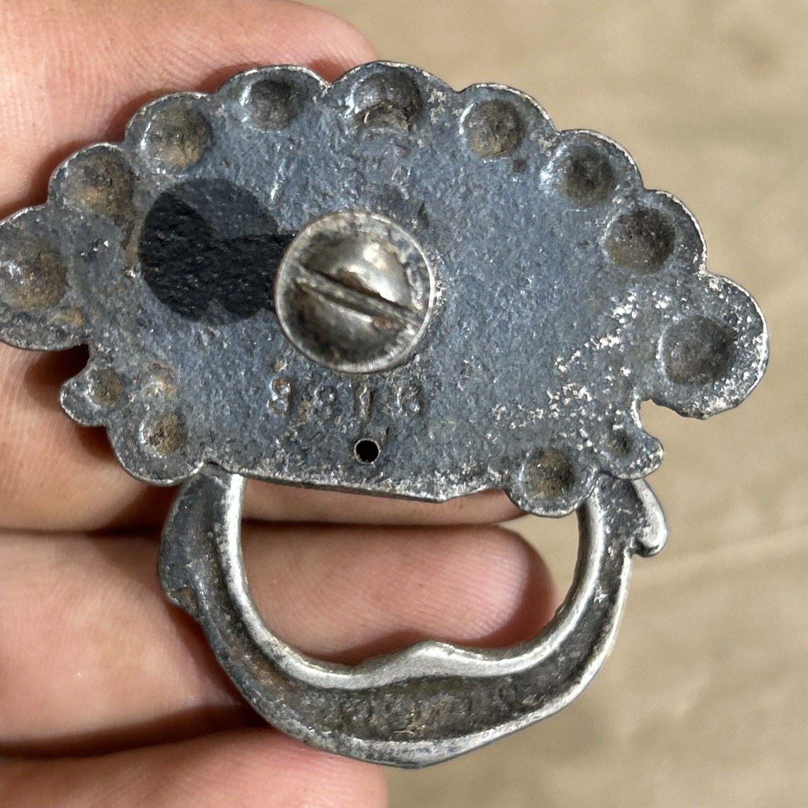 VICTORIAN Nickel Drawer Pull Antique Hardware Drop Ring Shell Knob Lot Of 3 3316