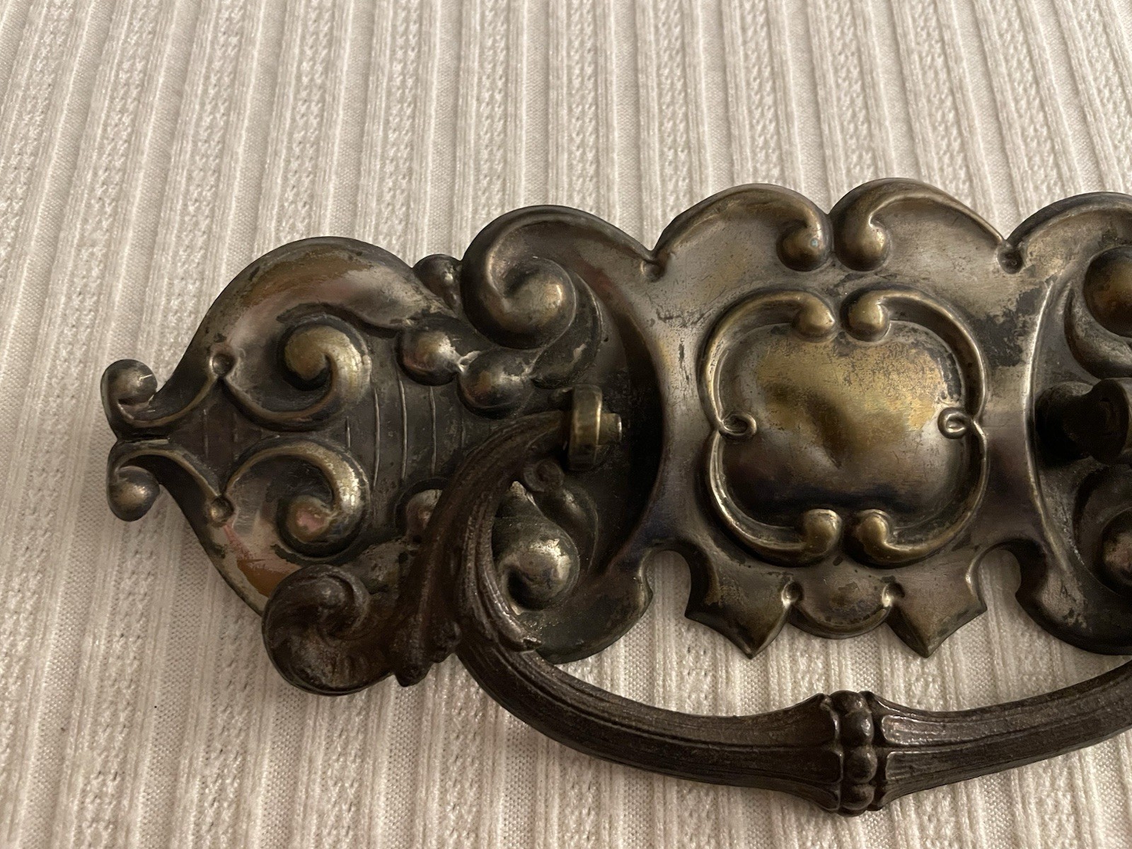 Ornate Victorian style door pull, pot metal, patina, rusted, bail pull