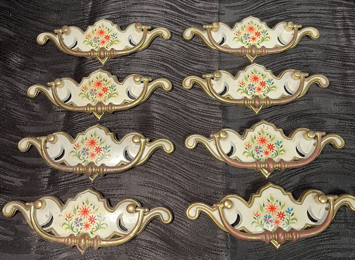 8pc Vintage Brass Drop Bale Dresser Cabinet Drawer Pulls White Floral Design