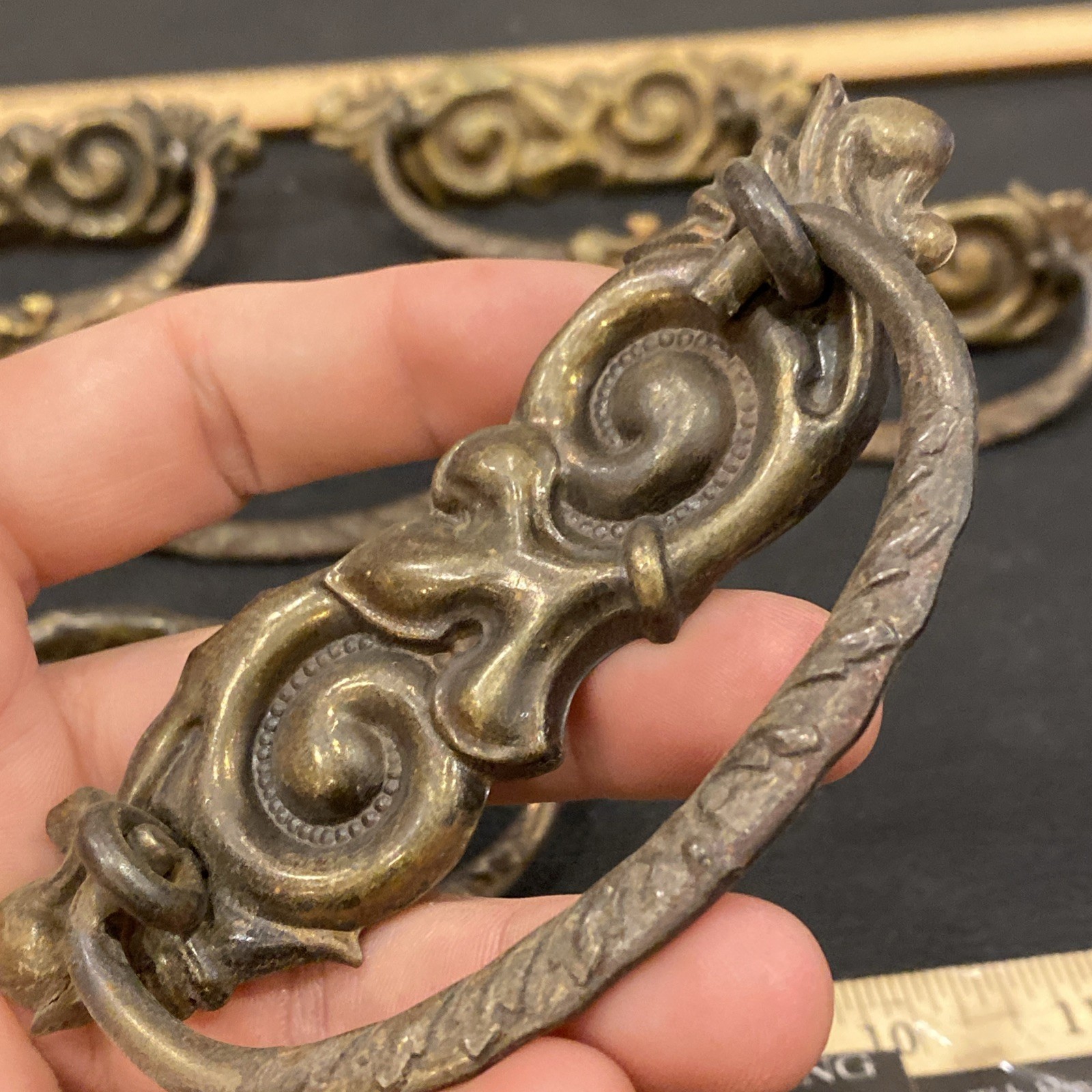 8 Antique Drop Bail Pulls Ornate Nouveau Scroll Fleur De Lis French Lily Flower