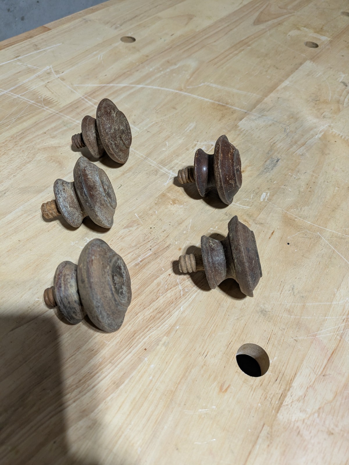 Antique Original Walnut Fancy Turned Front Mushroom Pulls, Set Of 5