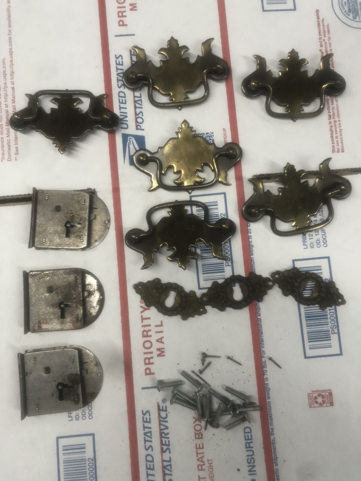 6 antique vintage brass drawer pulls/handles & 3 Drawer Locks No Key