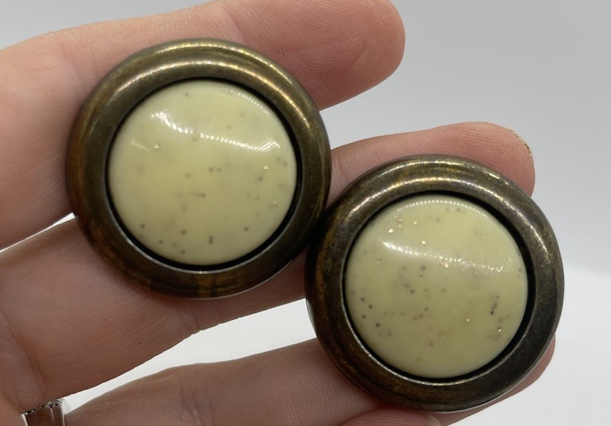 Brass Drawer 3 Pulls And w Knobs With Beige Ceramic Bead Center Vintage