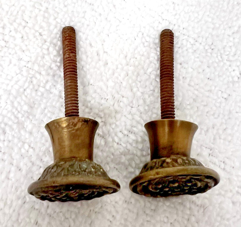 2 Vintage Ornate Cast Brass Round Cabinet Drawer Knobs Pulls Floral Embossed