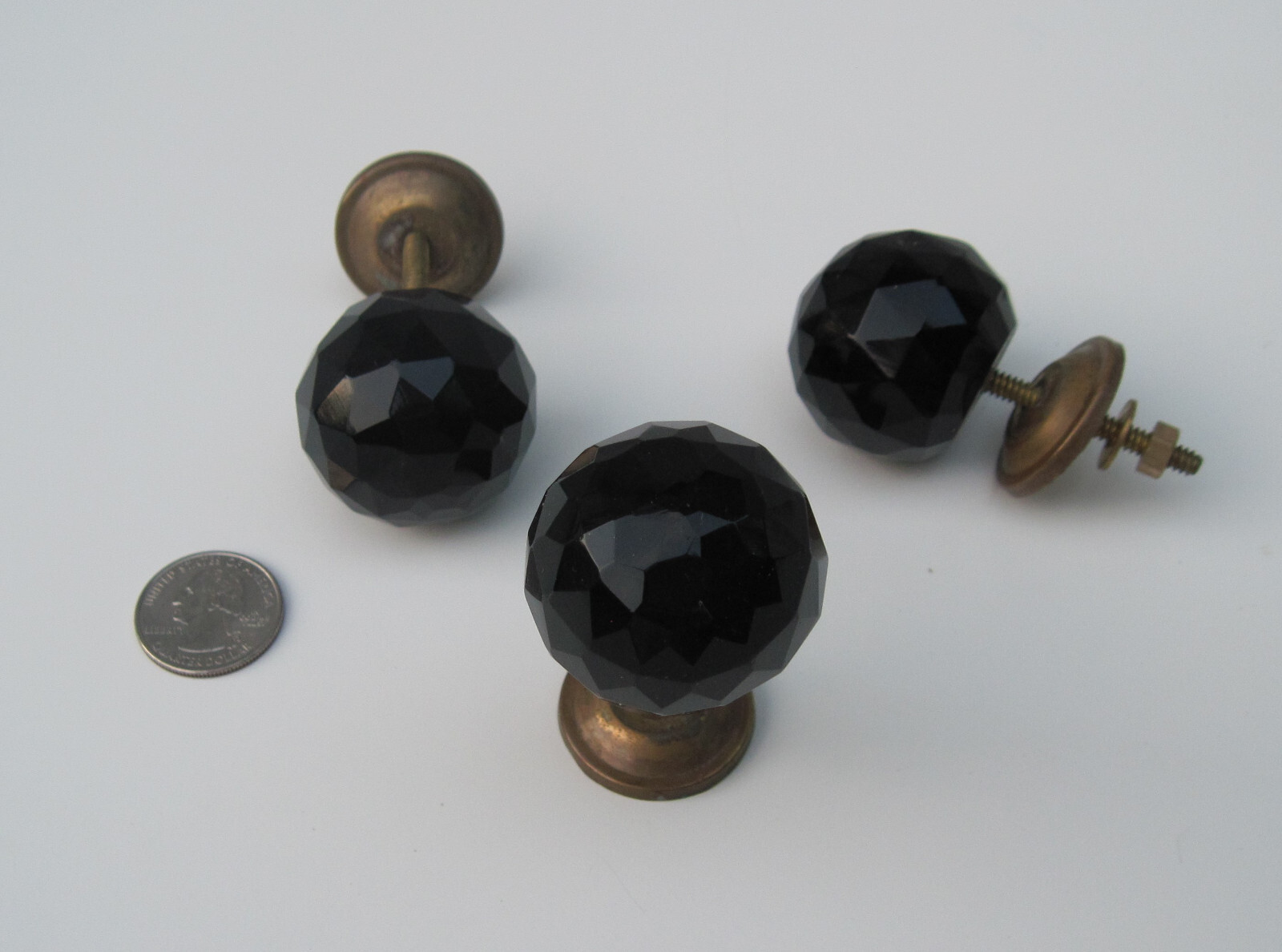 Vintage Set of 3 Knobs Black Glass Faceted Drawer Ball Round Brass 1 1/2″Dia