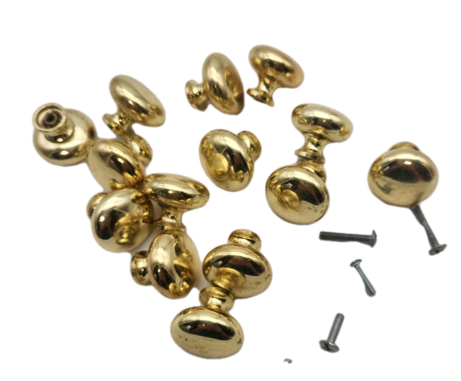 Brass Cabinet Drawer Knob Pulls Lot 14 Round 1.25” Heavy Solid 5 Sample Screws