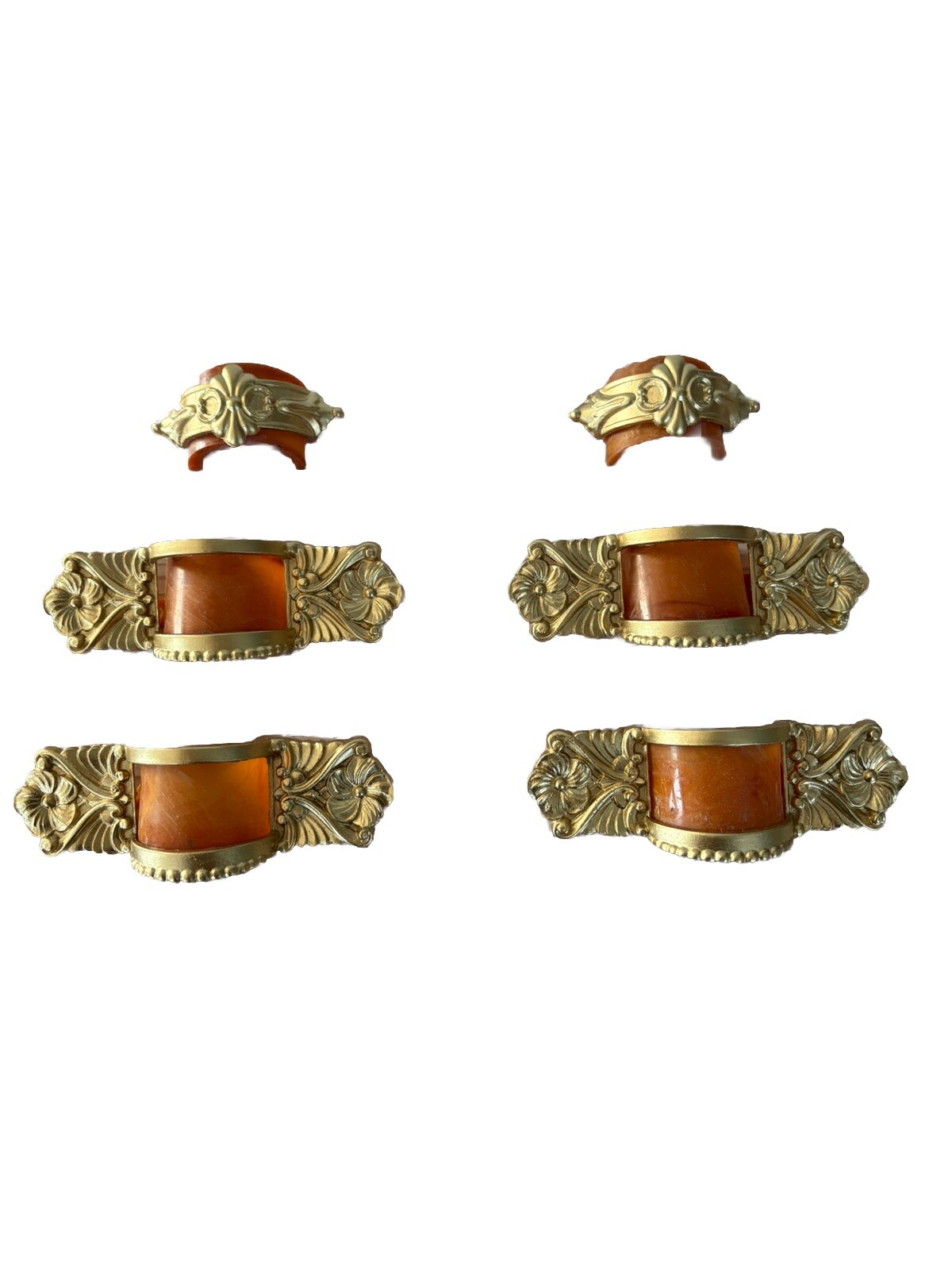6 Art Deco Drawer Pulls Pot Metal Gold Paint Orange Plastic Inserts Large VTG