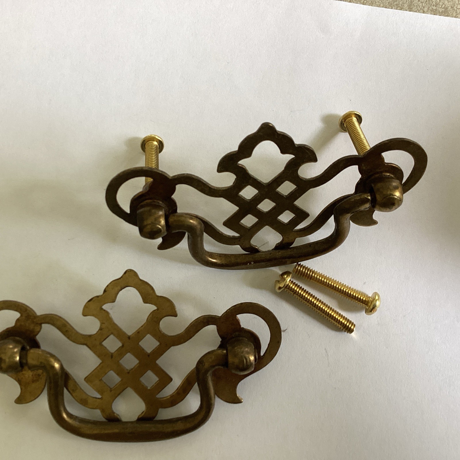 Great Pr. Vintage Pierced Brass Plated Chippendale Drawer Pull 2-1/2 “ In