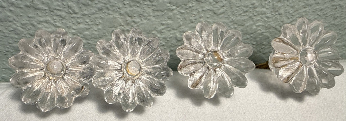 DRAWER CABINET KNOB PULL Flower Floral Clear Glass Fancy Chic Cottage LOT 4