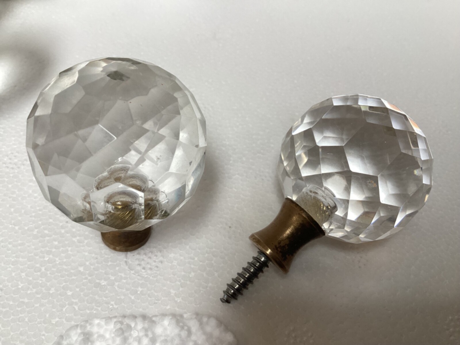 10 Vintage Acrylic Drawer Knobs Clear Faceted 1 3/8″ With Brass Seal and Screws