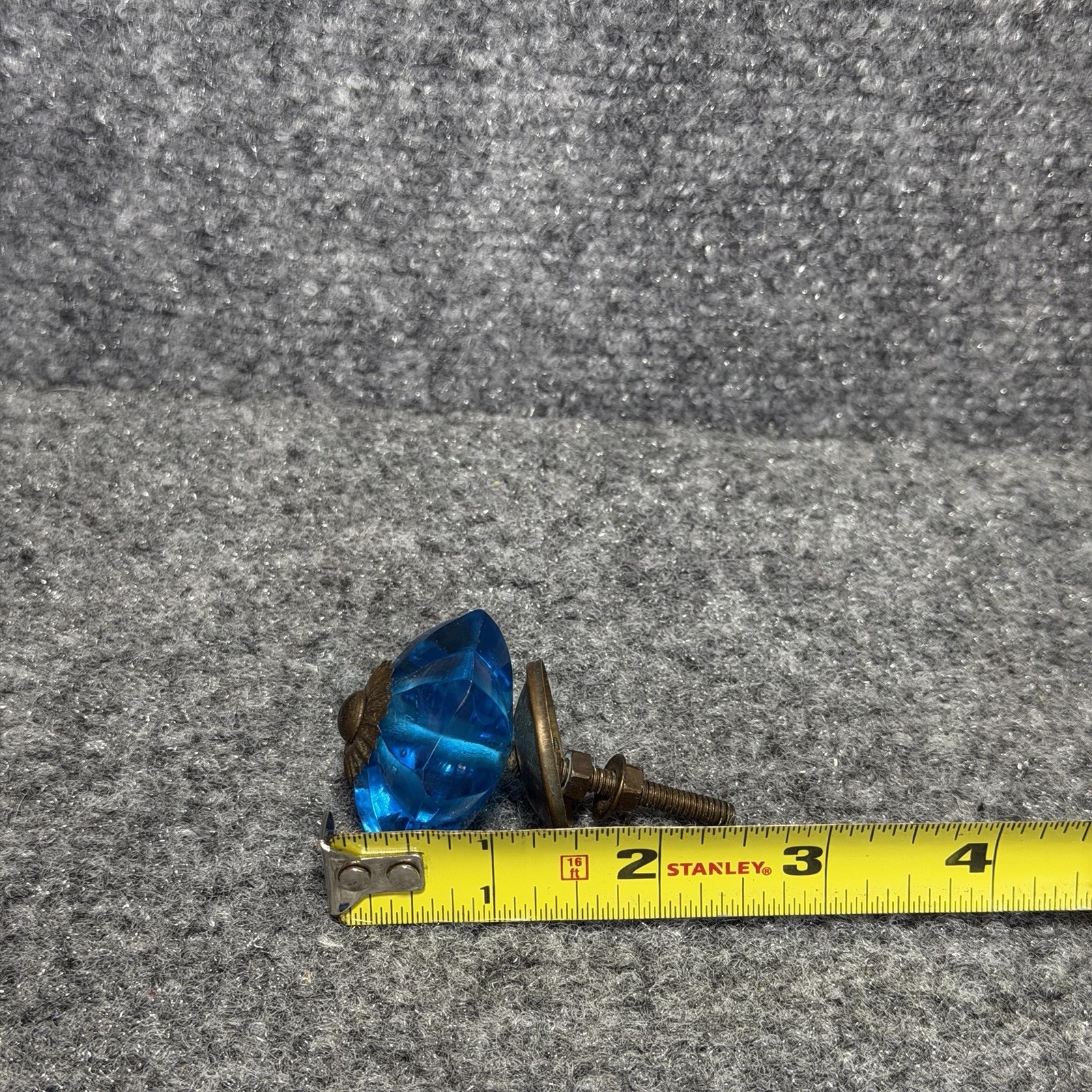 Vintage Brass Floral Aqua Blue Cut Glass Drawer Knob Handle Pull Handmade 2pcs