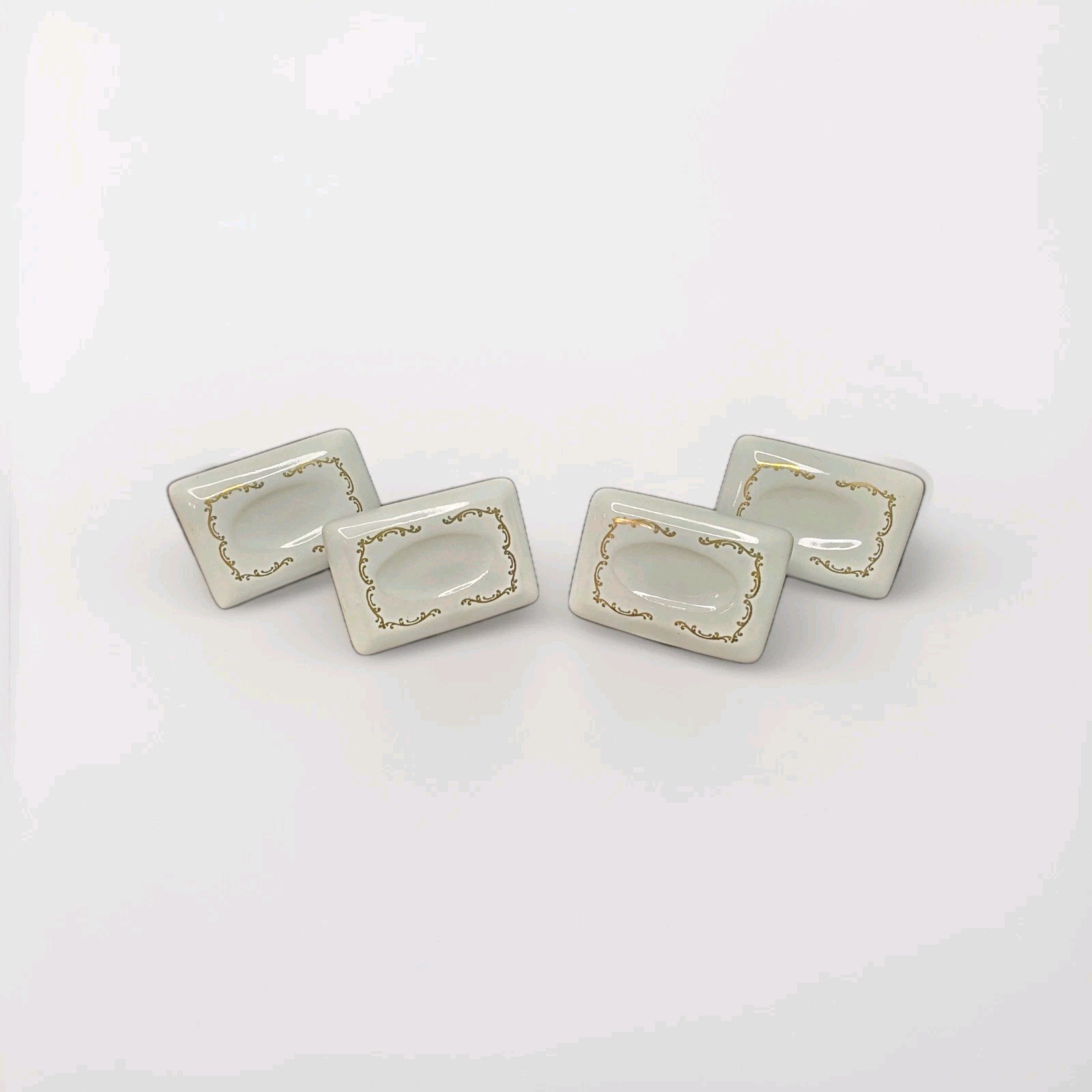 4 Vtg Rectangular White Ceramic Drawer Pulls Ornate Gold Trim 2 Screws Excellent