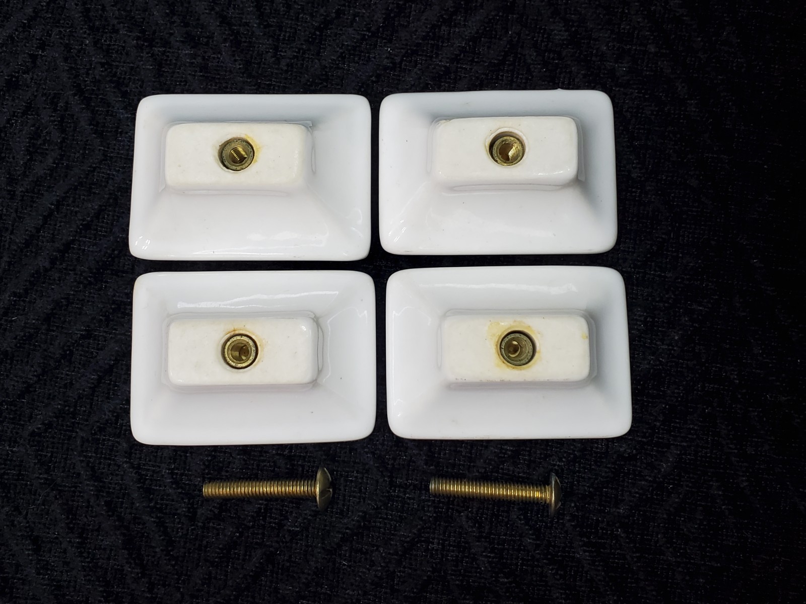 4 Vtg Rectangular White Ceramic Drawer Pulls Ornate Gold Trim 2 Screws Excellent