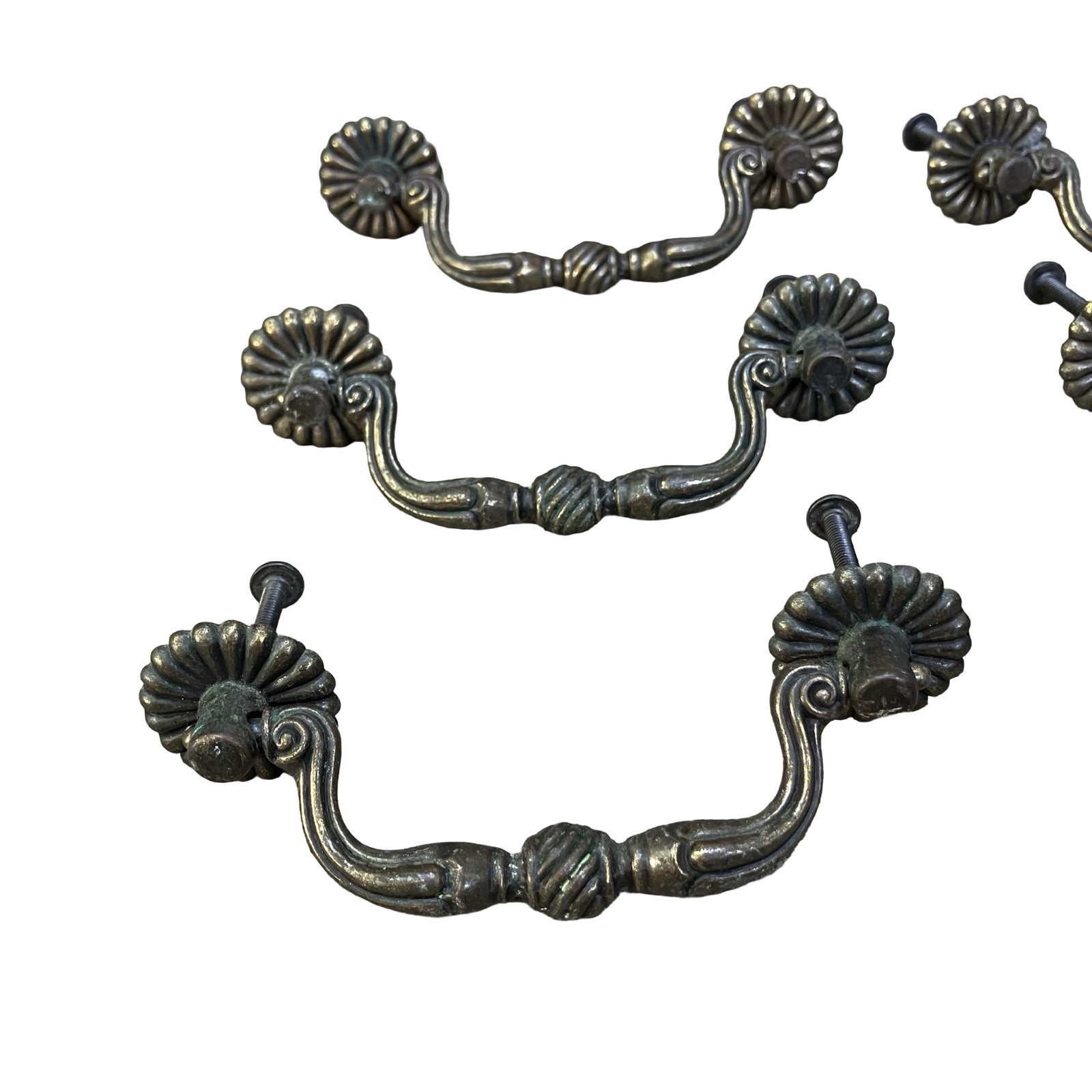 VTG YC Brass Bail Drop Drawer Pulls Rosette Set Of 6 Reclaimed Cabinet Handles