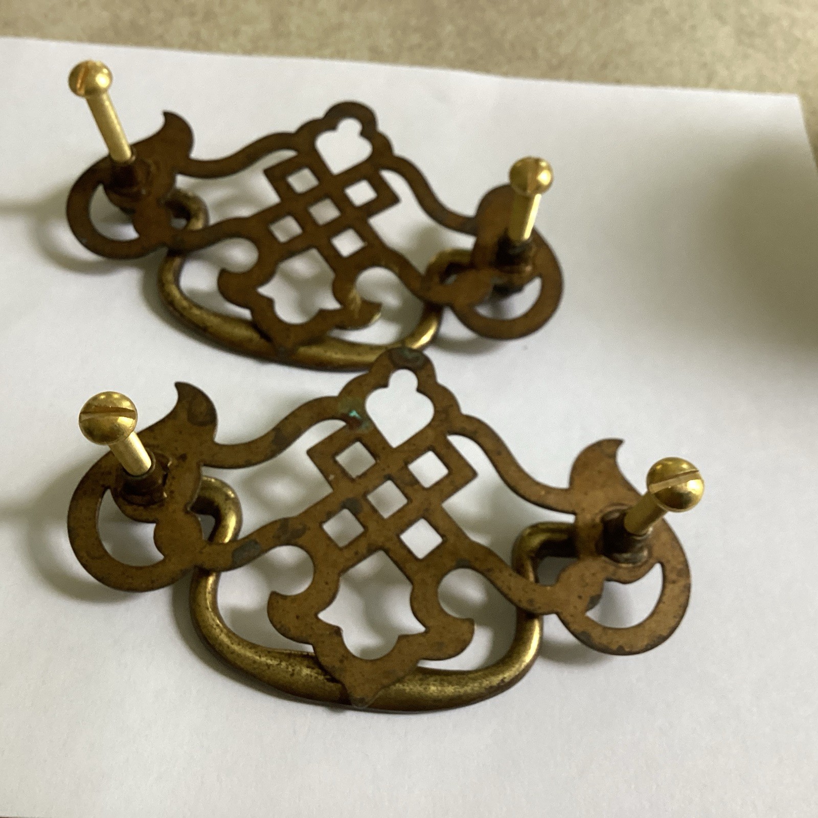 Nice Pair Vintage Pierced Brass Plated Chippendale Drawer Pull 3 In” In.
