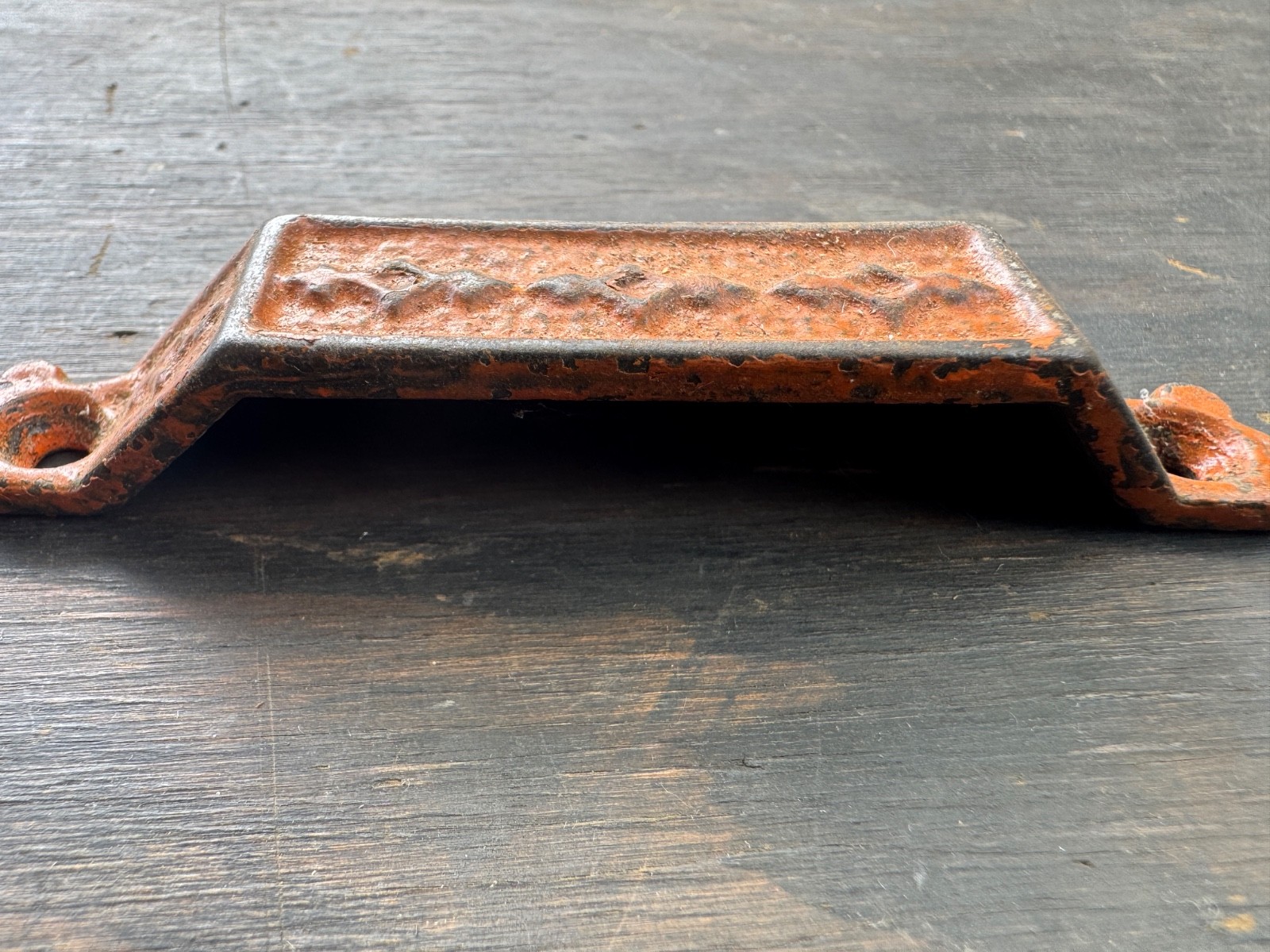 Beautiful Orange Antique cast Iron type tray HANDLE pull THE HAMILTON MFG. CO.