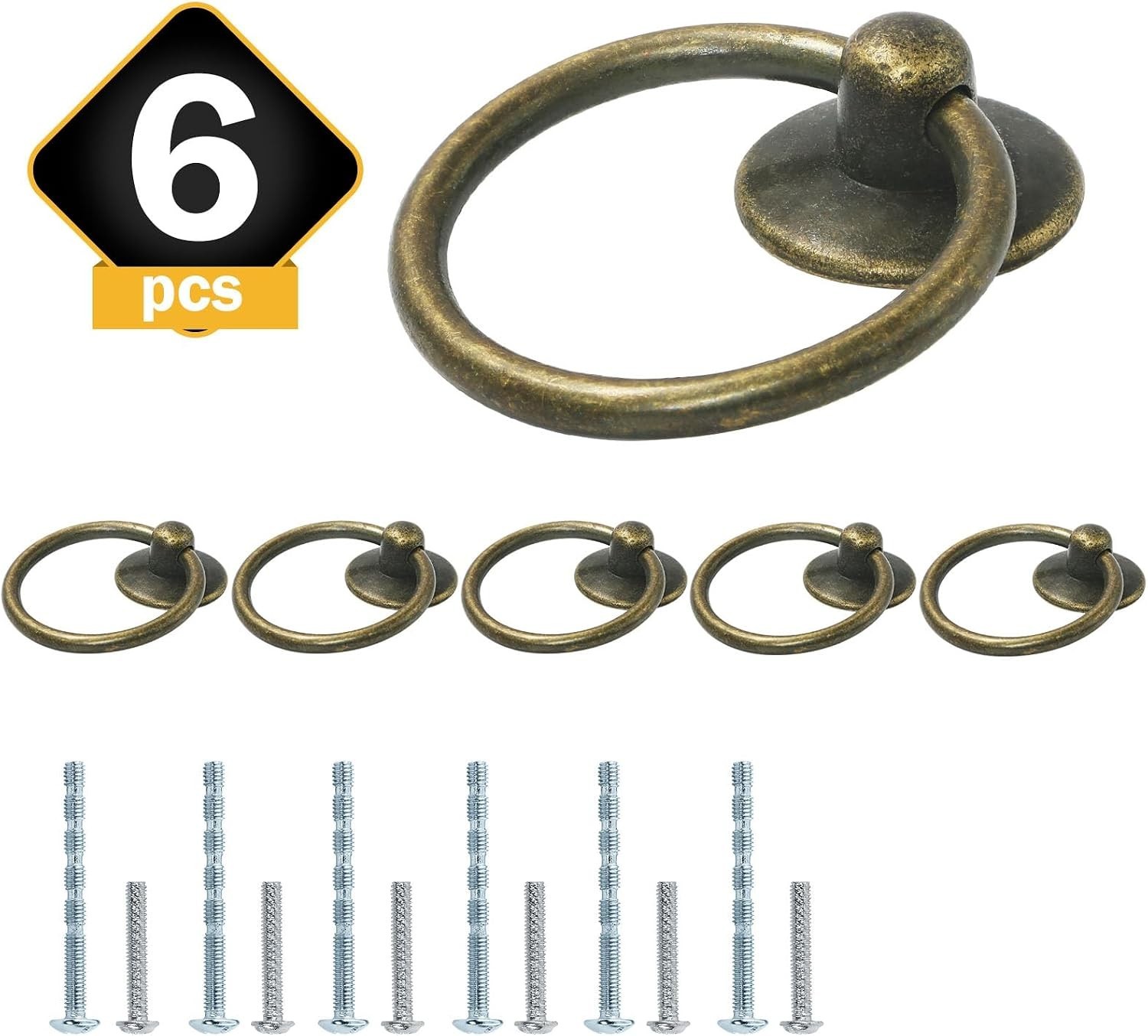 Durable Vintage-Style 6pcs Antique Brass Drawer Pulls, Easy Install Knobs