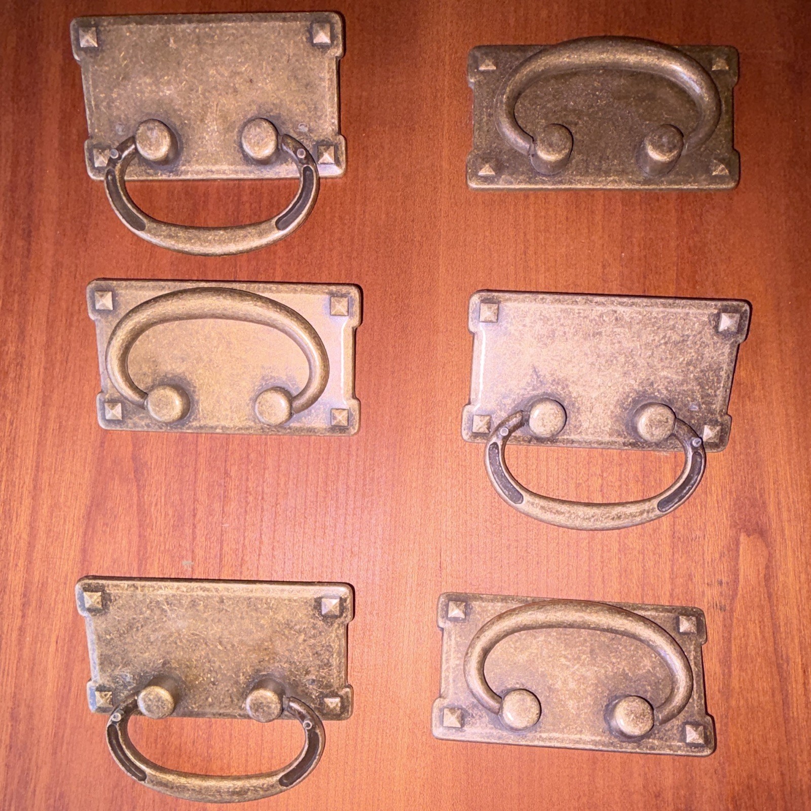 Set of 6 Vintage Metal Bail Drawer Pulls w/ Rectangular Backplates Bronze