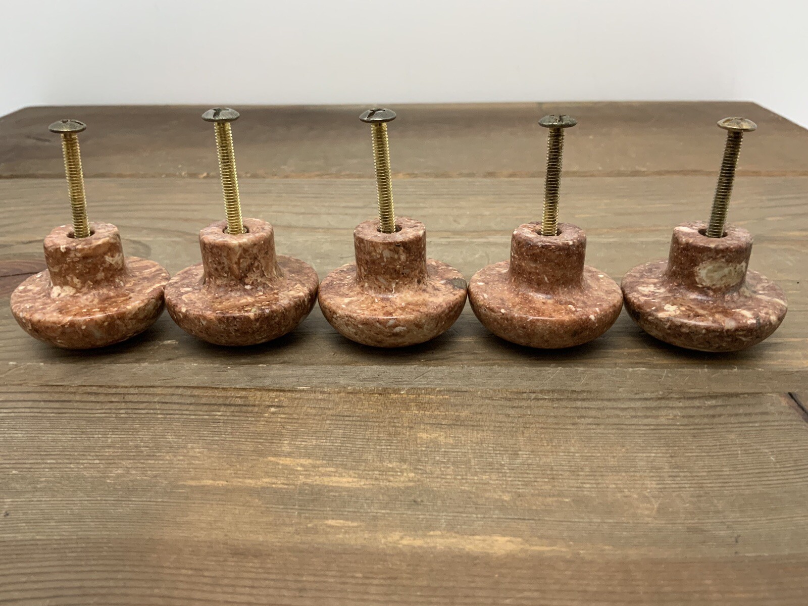 (5) Mushroom Shaped Red Marble Knobs Pulls with Screws Beautiful, Excellent