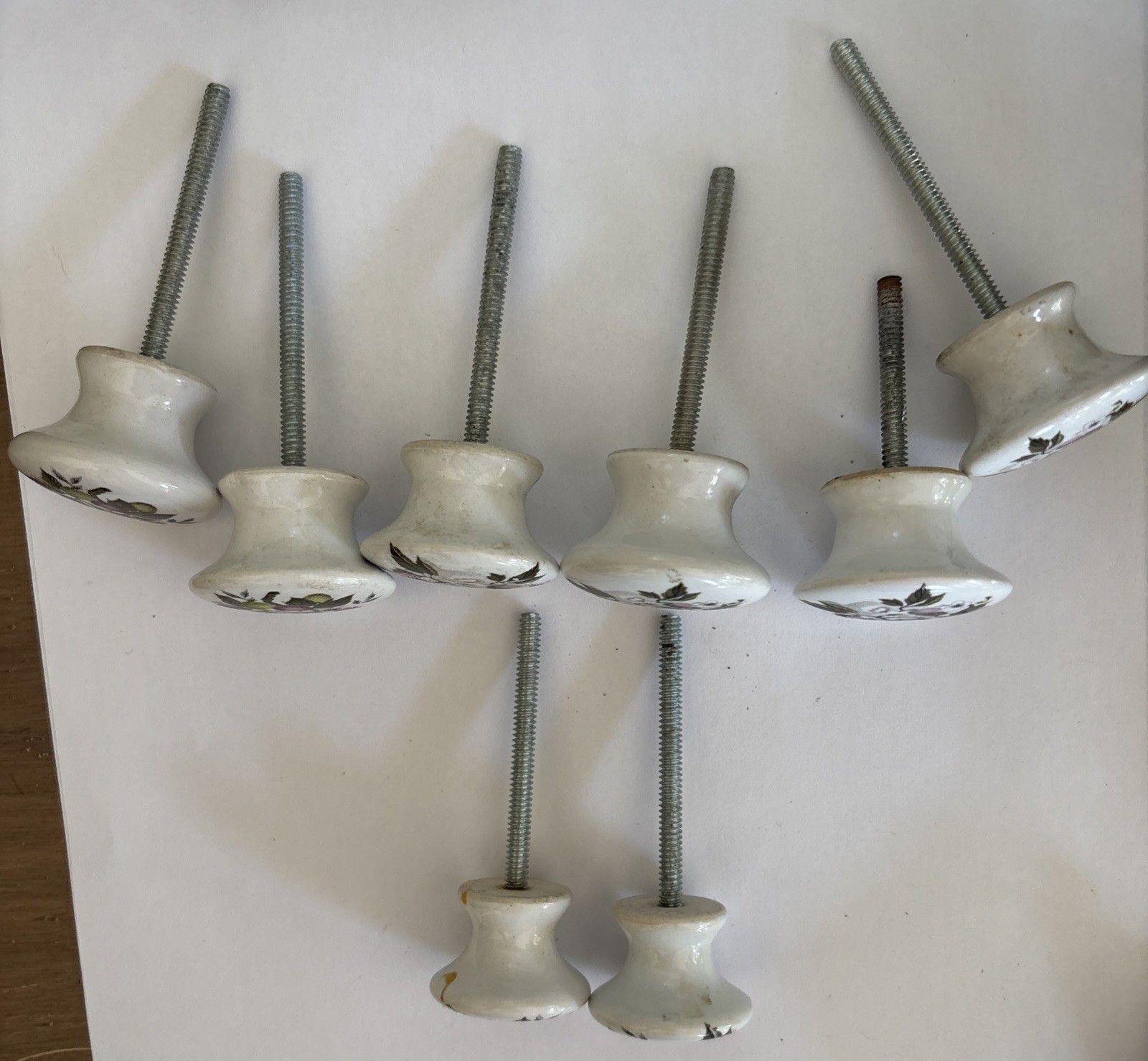 Vtg Porcelain Pulls/Knobs, White Painted Cherry Blossom Floral Design~Lot of 8