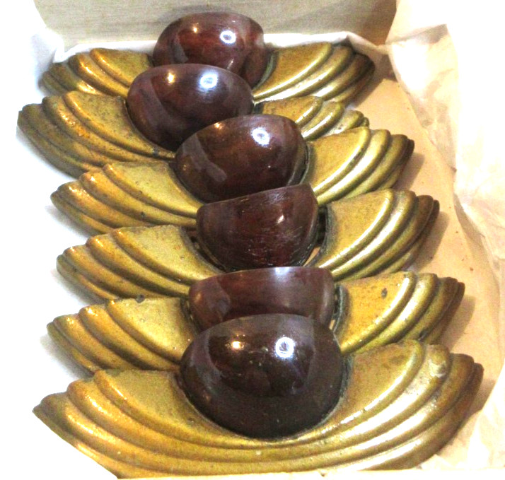 RARE~ART DECO BUREAU DRAWER PULLS~ SIX(6) METAL AND LUCITE IN AN OLD CIGAR BOX
