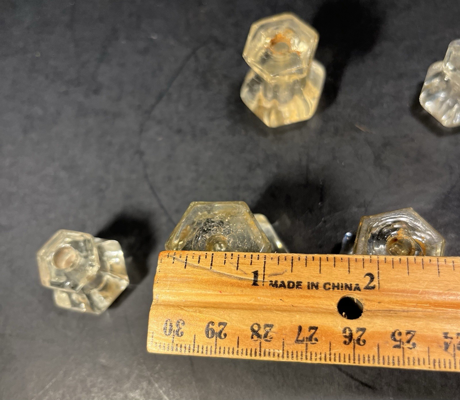 5 Vintage Hexagon Glass Drawer Knob Pulls Two Pairs & One Single