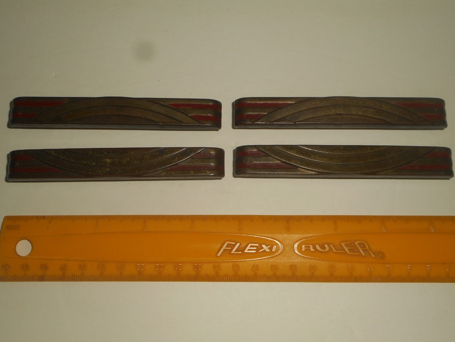 Antique ART DECO Dresser Drawer Pulls Pressed Metal WATERFALL ARCHES Red Paint 4