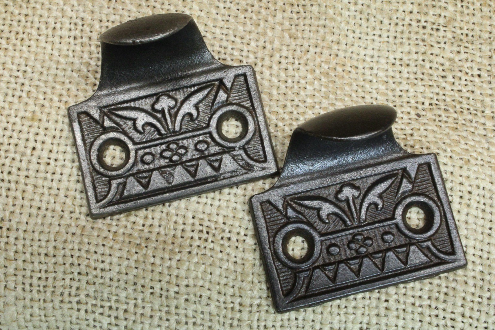 2 Old Window Sash Lifts Pulls Restored Iron Eastlake Geometric Flower Floral