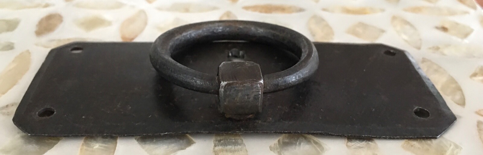 Vintage French Drawer Metal Hardware Drop Ring Pull Keyhole Cover Plate Salvage