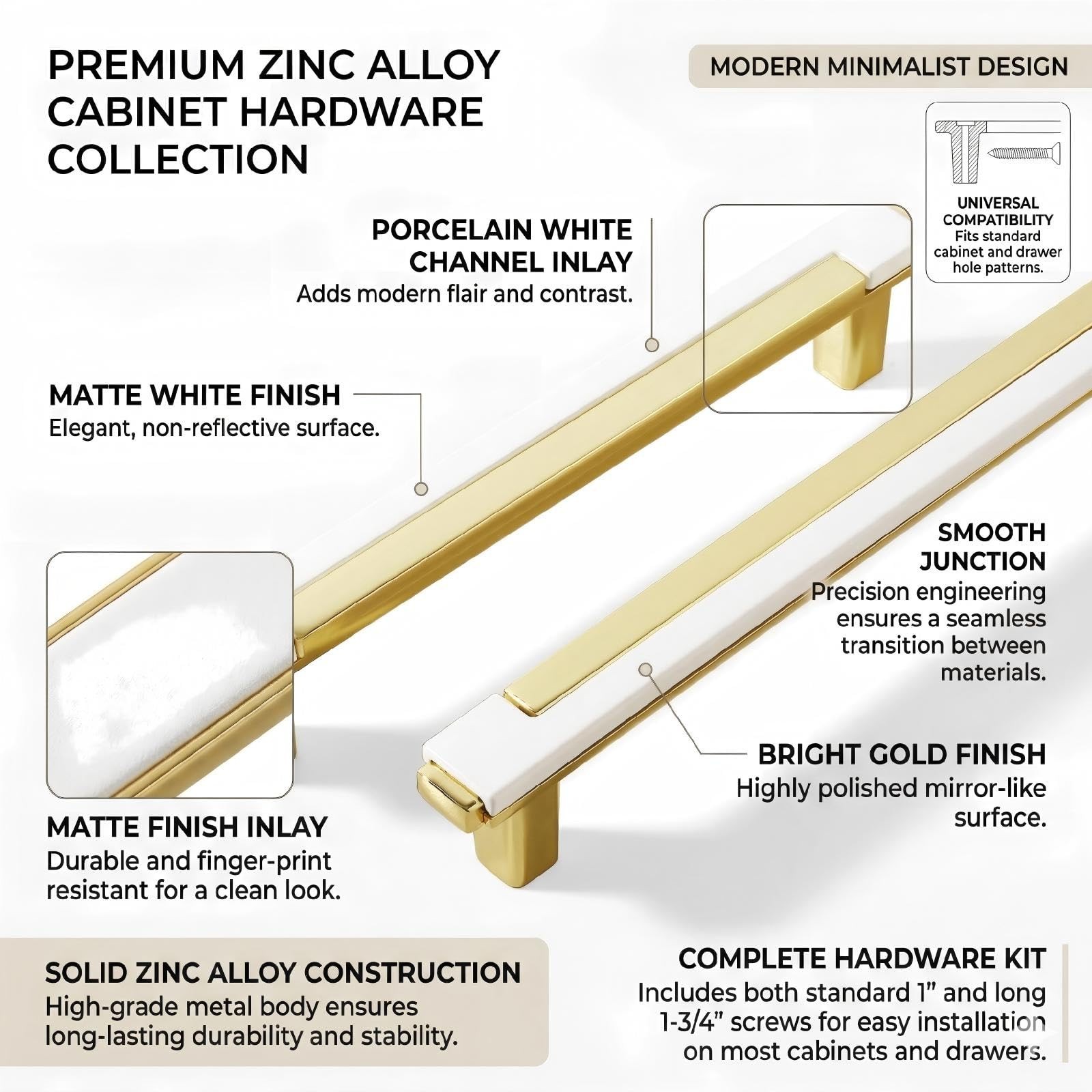 10 Pack White Gold Cabinet Pulls & Handles, 3.7 Inch Hole Center | Bright mod…