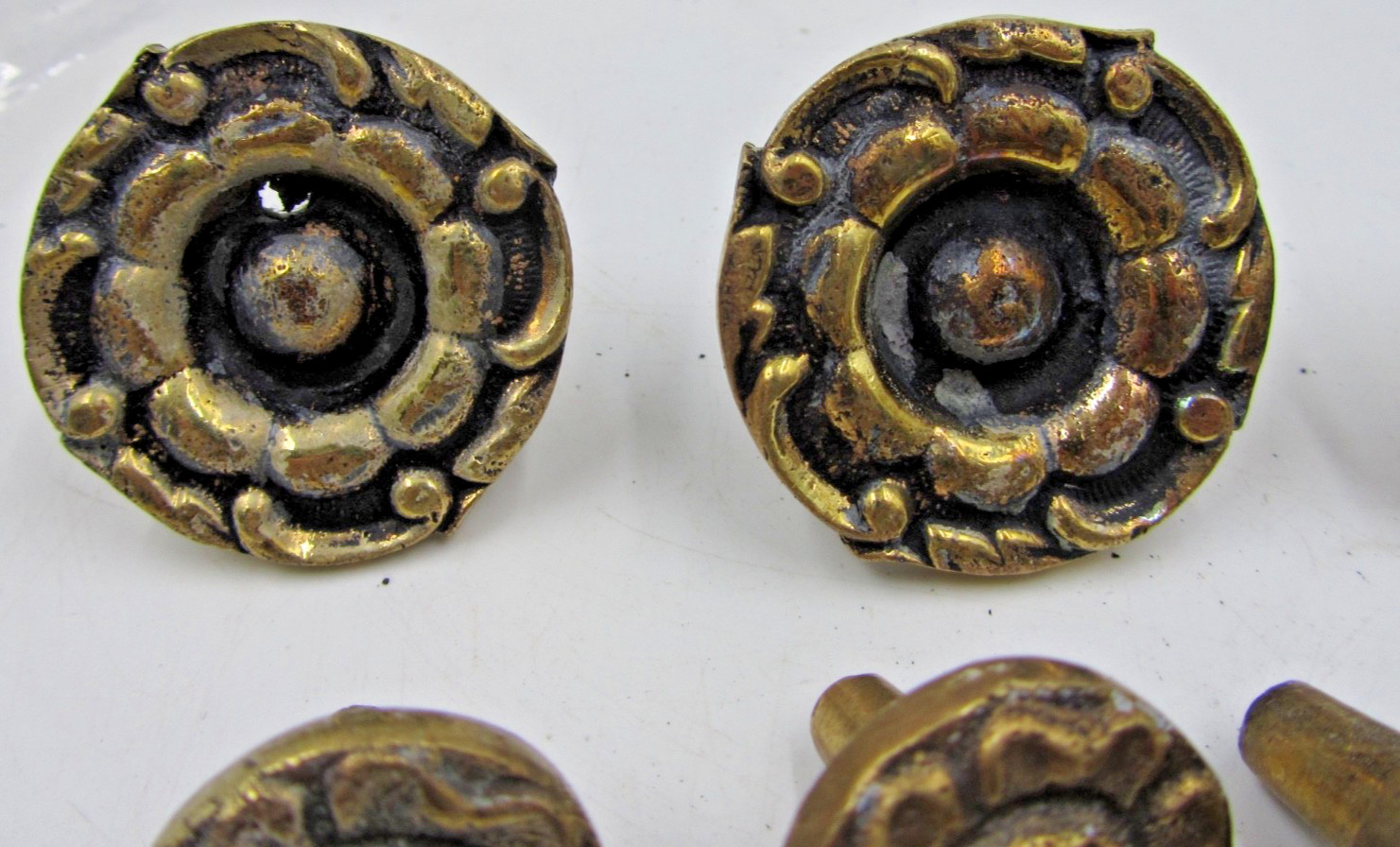 Vintage Antique Brass Drawer Knobs Round Raised Center Cabinet Pulls 4 Lg 5 Sm