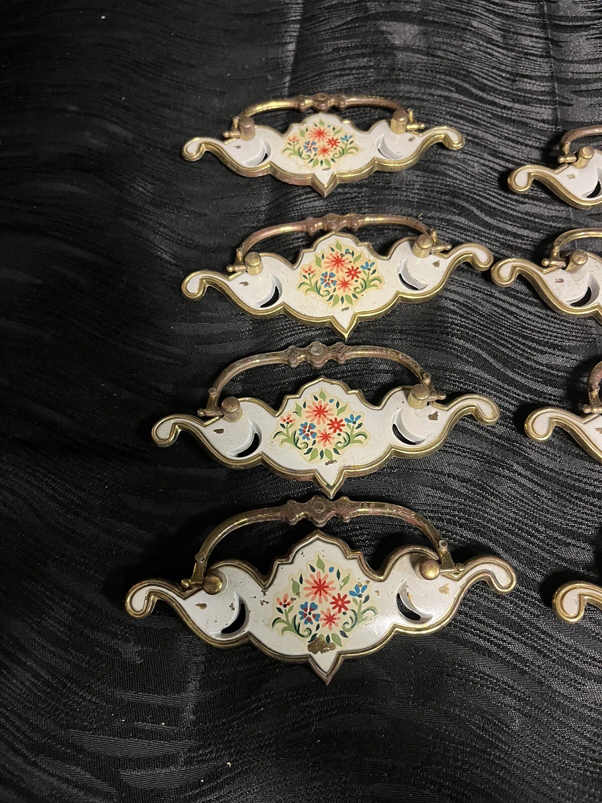 8pc Vintage Brass Drop Bale Dresser Cabinet Drawer Pulls White Floral Design