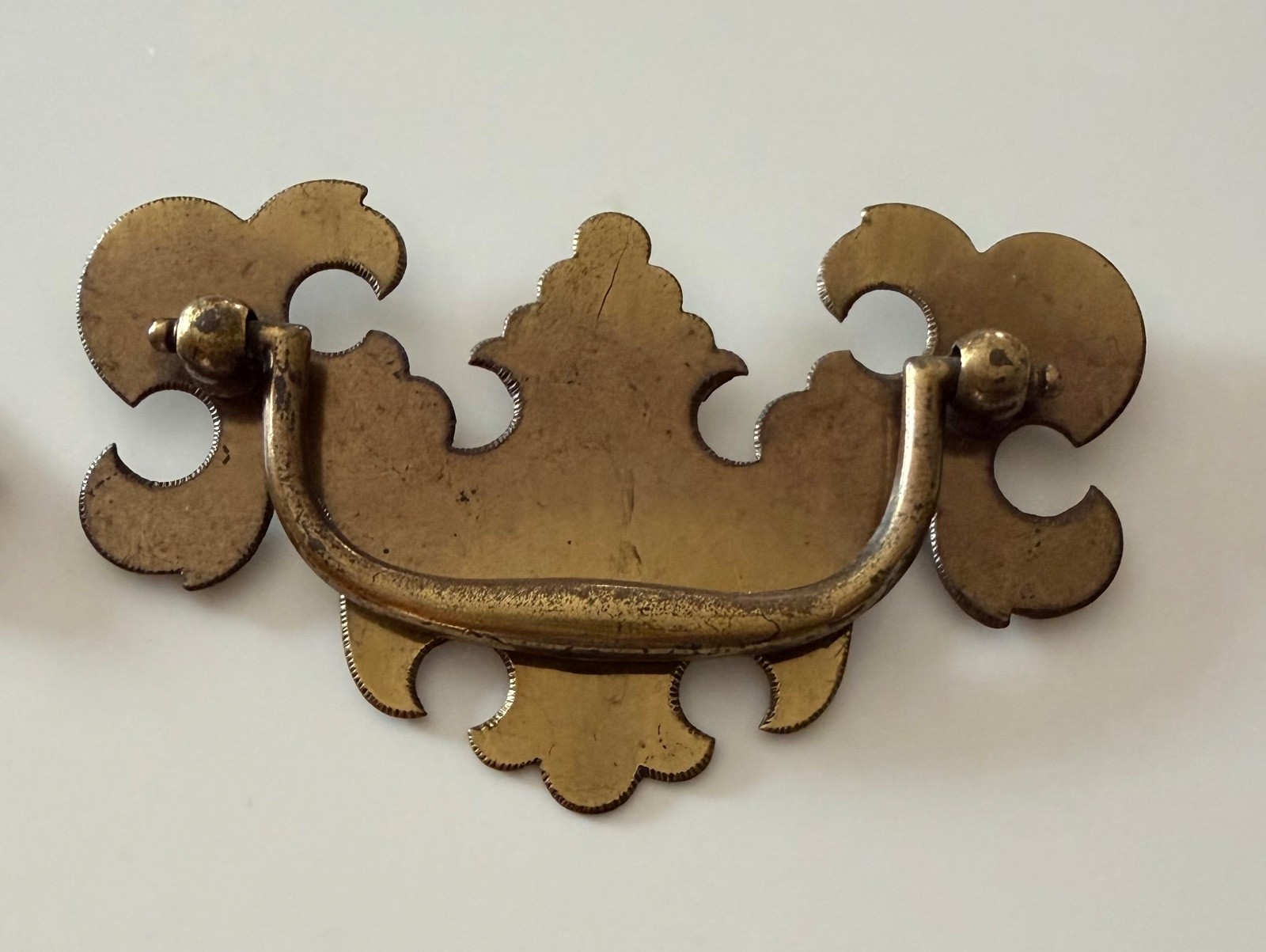4 antique brass swing handle drawer pulls with screws Chippendale batwing