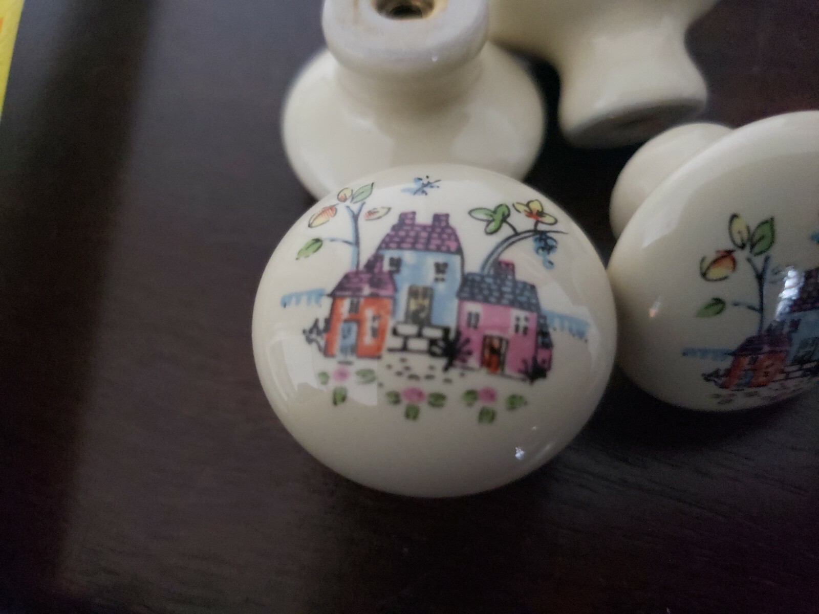 Lot of 4 Vintage Round Porcelain Cabinet Knobs Made in JAPAN Color Cottages