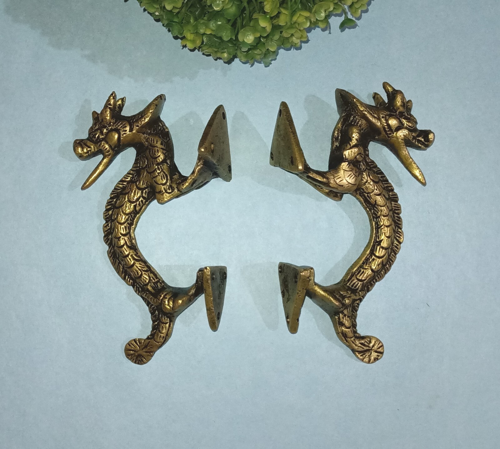 Fire Dragon Design Door Handle Pair Brass Feng Shui Theme Drawer Pull Set GTX