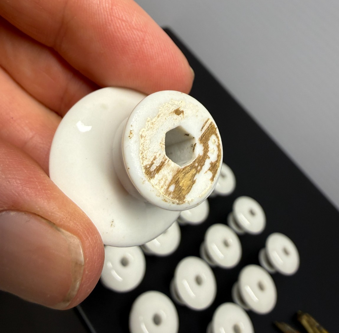 Group of 16 Vintage White Porcelain Pull Drawer Knobs w/ Screws 1-1/4″ Wide